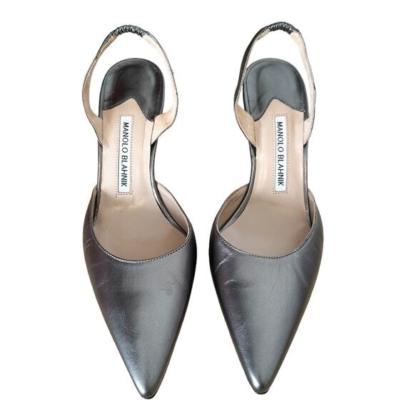 Manolo Blahnik Carolyne 70 Anthracite Slingback Pointed Toe Pump 37 - Picture 4 of 12